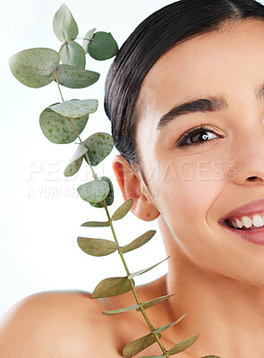 Buy stock photo Studio portrait of an attractive young woman posing with a piece of pennygum tree against a light background