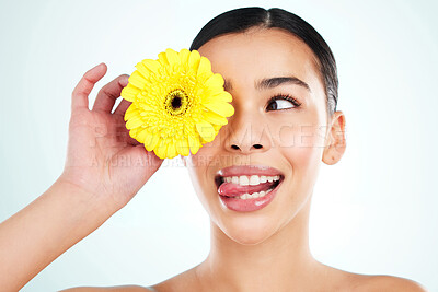 Buy stock photo Studio shot of an attractive young woman posing with a yellow flower against a light background