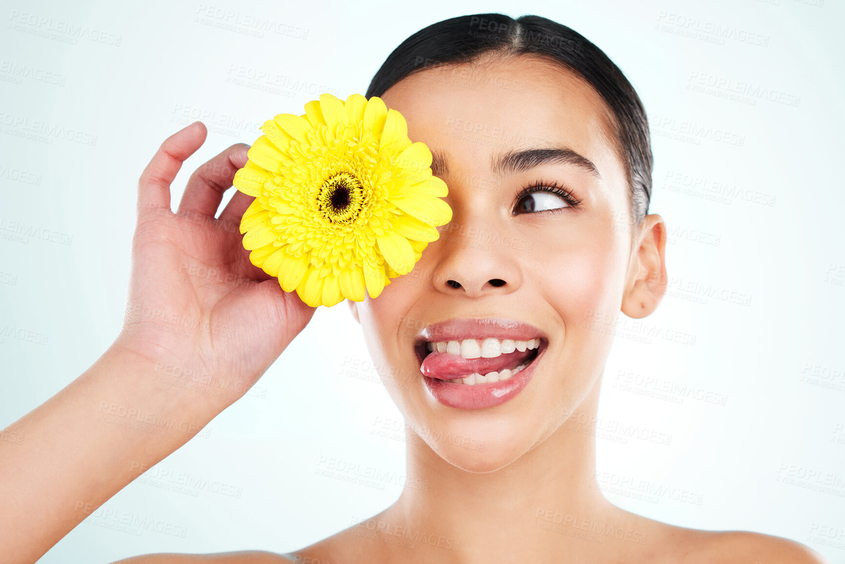 Buy stock photo Flower, thinking and woman with beauty, clean and organic treatment isolated on white studio background. Person, model or girl with plant, skincare or natural cosmetics with dermatology and funny