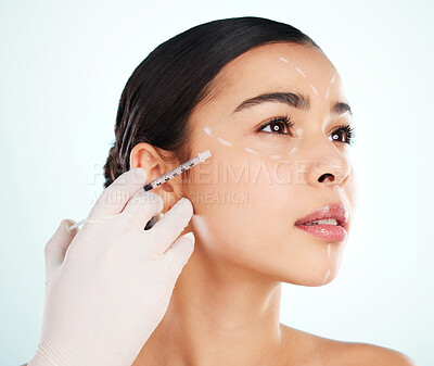 Buy stock photo Beauty, woman and face injection for plastic surgery, treatment and dermatology. Facial, skincare or surgeon with syringe for medical cosmetics, collagen filler or toxin isolated on studio background