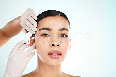 Buy stock photo Skincare, woman and face injection for plastic surgery in studio isolated on white background. Portrait, syringe and cosmetics of female model with collagen filler, dermatology or beauty mockup space