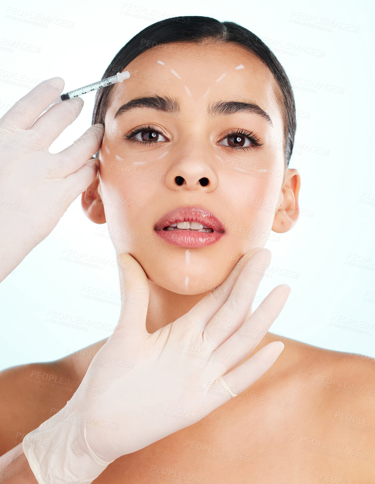 Buy stock photo Portrait, woman and hands with injection in studio for treatment, collagen filler or skincare on white background. Cosmetics, model and doctor with syringe for plastic surgery, dermatology or beauty
