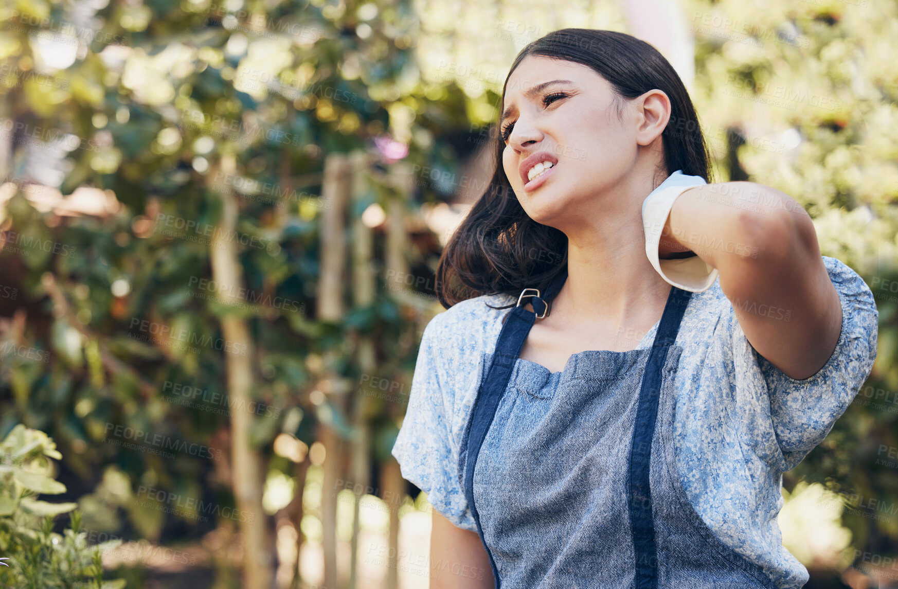 Buy stock photo Woman, gardening and work with pain in neck or tension, green entrepreneur or agriculture. Female gardener, muscle and injury or stress for career with plants, startup with nature for sustainability