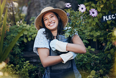 Buy stock photo Smile, plant and portrait of woman in outdoor garden for environment, sustainability or ecology. Nature, happiness and person hug flowers for green nursery, agriculture or landscaping in backyard