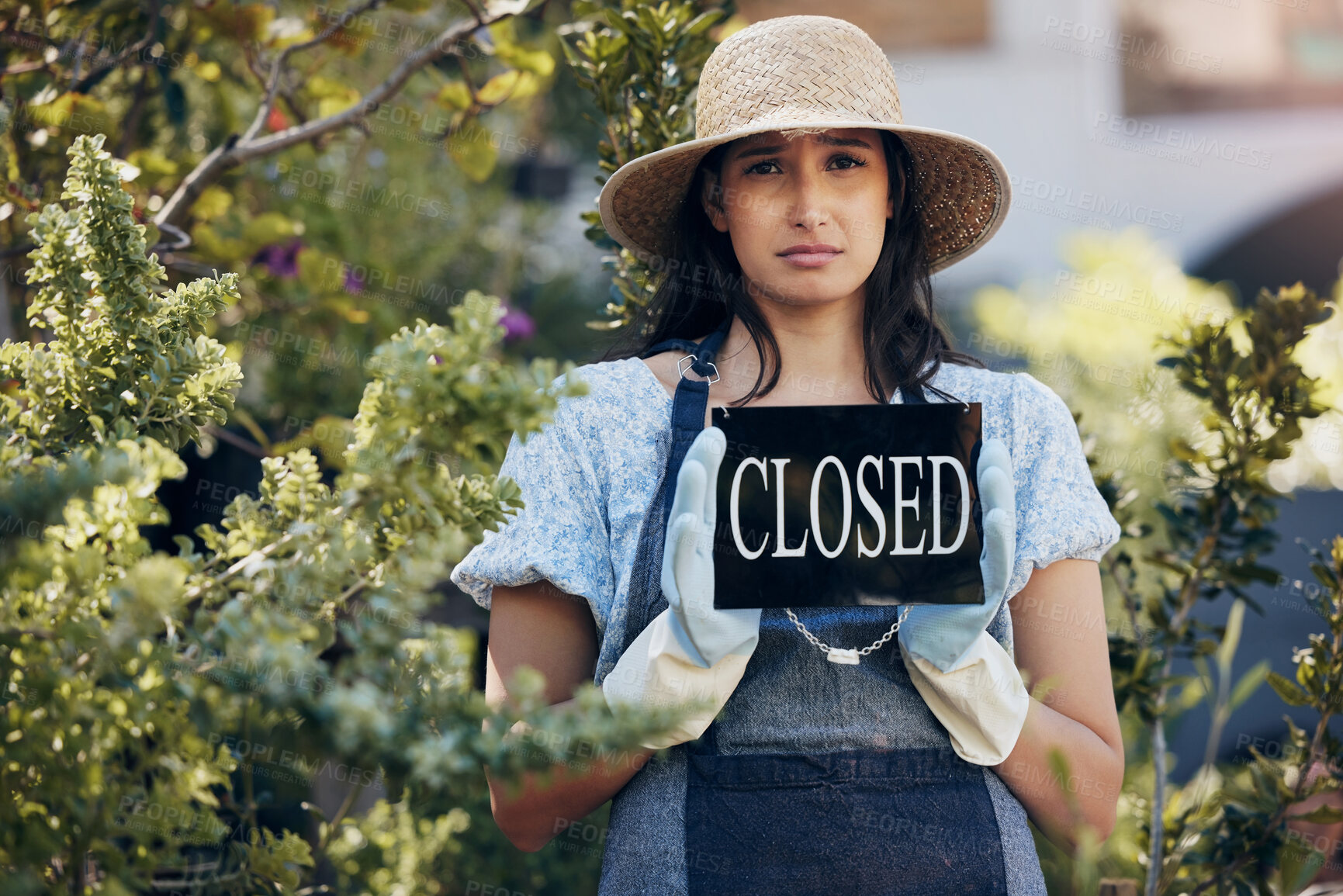Buy stock photo Sad, woman and sign for closed business of florist, nursery and depression from debt or fail. Startup, stress and entrepreneur with announcement of bankrupt economy, problem and closing boutique