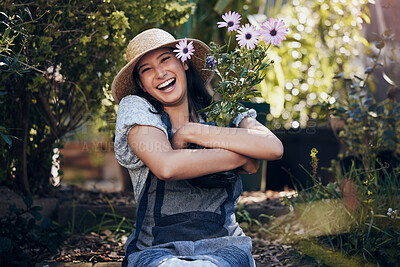 Buy stock photo Florist woman, garden and flowers in nursery, smile and hug plant with excited face for sustainable small business. Girl, entrepreneur and love for plants, growth and nature with happiness in spring