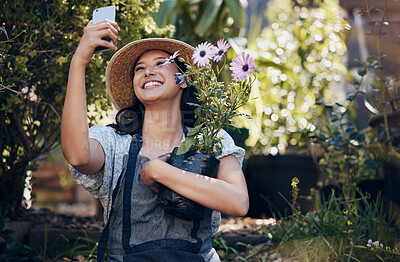 Buy stock photo Florist woman, garden and selfie in nursery, smile and hug plant with excited face for sustainable small business. Girl, entrepreneur and love for plants, growth and nature with post for social media