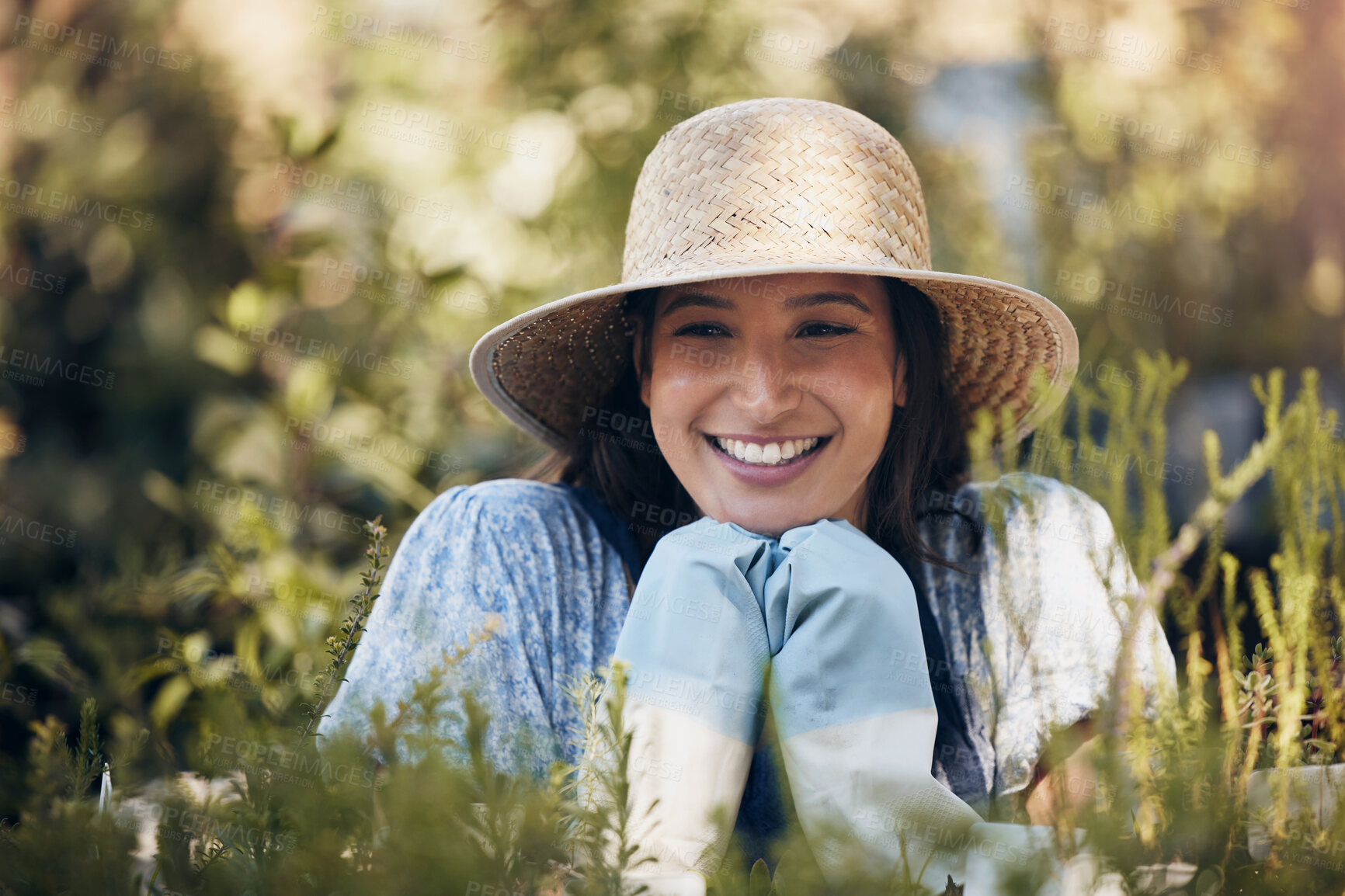 Buy stock photo Nursery, happy or woman in nature with plants for growth, ecology development or agriculture business. Gardener, florist and eco friendly farming for leaves, horticulture or floral sustainability