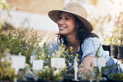 Buy stock photo Florist, smile or girl in nature for flowers for growth, ecology development or agriculture business. Happy gardener, nursery or eco friendly farming for plants, horticulture or floral sustainability