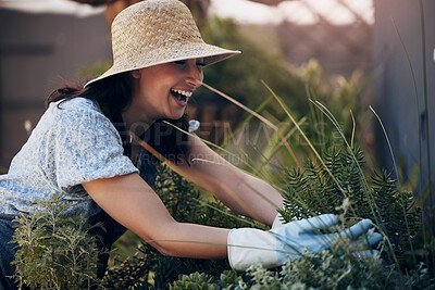 Buy stock photo Florist, excited or girl in nature for flowers for growth, ecology development or agriculture business. Happy gardener, nursery and proud woman farming for plants, horticulture and floral results