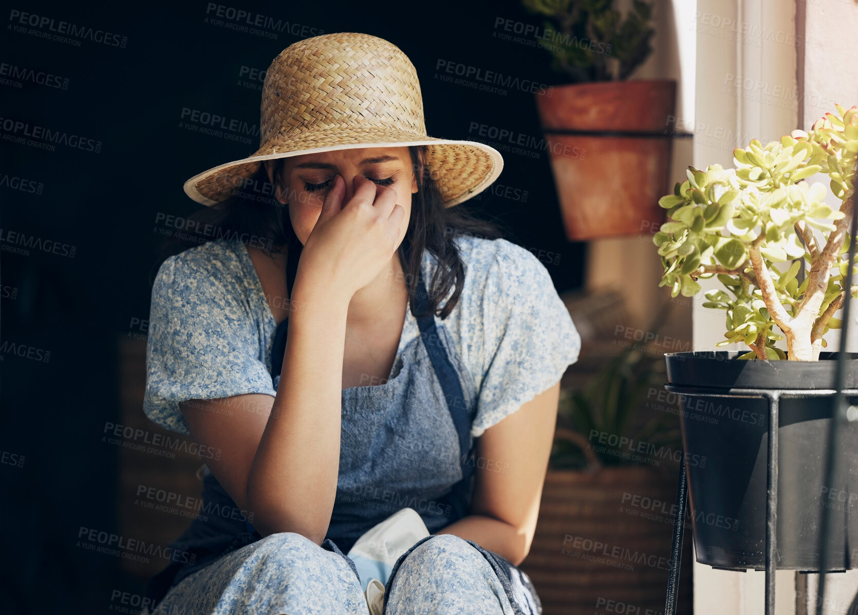 Buy stock photo Woman, home and garden with crying from sad news, memories and depression with emotions. Housewife, outdoor and tears with stress, frustration and sorrow from heartbreak or upset and disappointed.