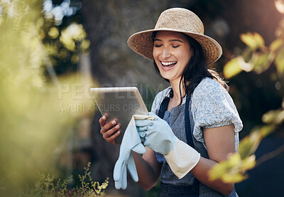 Buy stock photo Tablet, gardening and woman checking flowers for botany, growth or development in nature. Botanist, sustainable and florist with digital technology for floral plants in eco friendly environment.