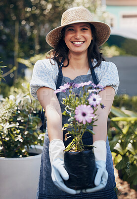 Buy stock photo Flowers, portrait and happy woman gardening with pot plants for growth, development and nursery service. Gardener, florist and eco friendly farming for nature, horticulture and floral sustainability