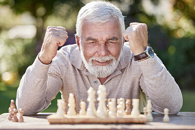 Buy stock photo Senior man, chess and success in outdoor, winner and game challenge in retirement for hobby. Male person, happy and garden for victory in backyard, tournament and nature for competition achievement