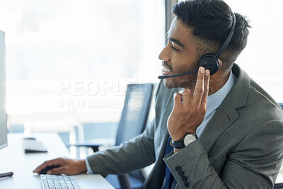 Buy stock photo Call center, talking and man with headset in office for communication, customer support or service. Contact us, CRM and male consultant at desk for student aid, career guidance or scholarship advice