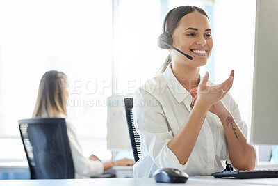 Buy stock photo Woman, happy and headset in call center office with telemarketing, consulting and help with smile. Customer service, conversation and helpful crm or tech support agent in online retail company.