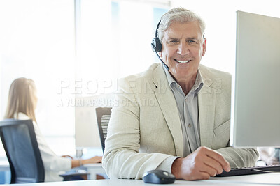 Buy stock photo Portrait, mature man and call center with headset for customer support, communication or service. Contact us, CRM and consulting agent at desk for student aid, career guidance or scholarship advice