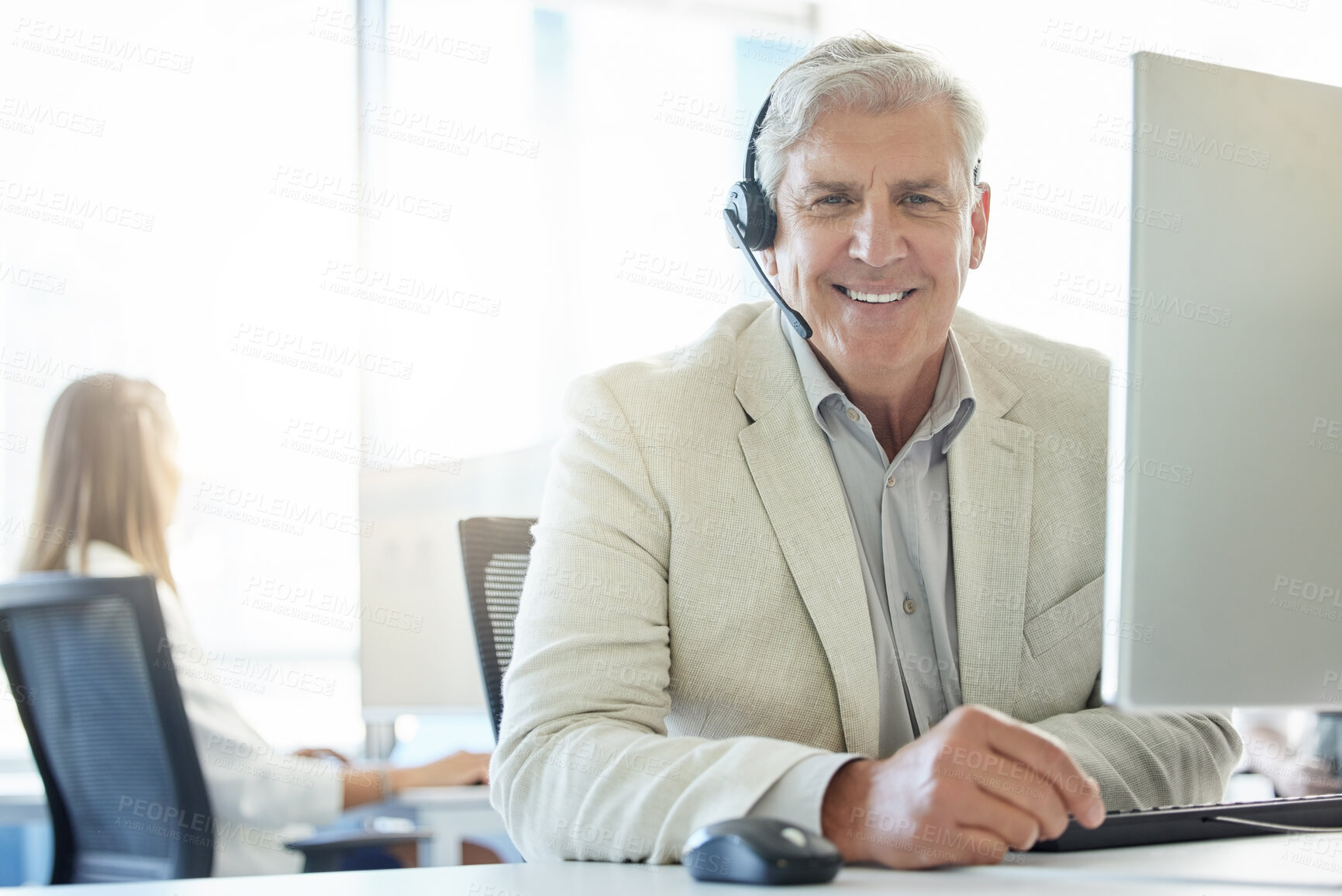 Buy stock photo Portrait, mature man and call center with headset for customer support, communication or service. Contact us, CRM and consulting agent at desk for student aid, career guidance or scholarship advice