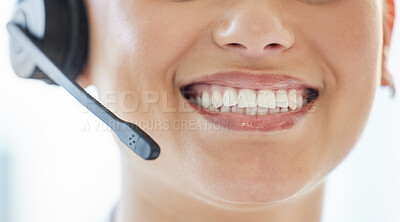 Buy stock photo Woman, smile and headset in call center with teeth, mouth and communication in closeup for telemarketing. Microphone, positive or happy person with consulting job for assistance with clients in Italy