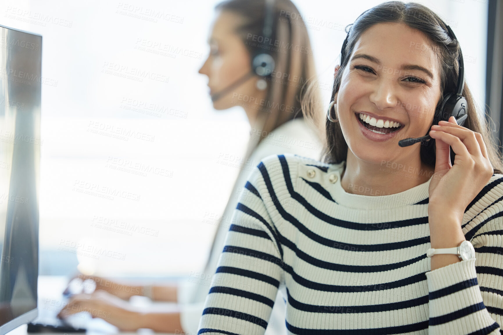 Buy stock photo Call center, portrait and woman with headset in office for communication, customer support or service. Contact us, CRM and friendly consultant at desk for counselling, immigration aid or legal advice