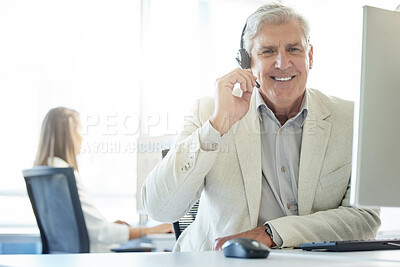 Buy stock photo Mature man, talking and call center with customer service for communication, support or headset. Contact us, CRM and consulting agent at desk for student aid, career guidance or scholarship advice