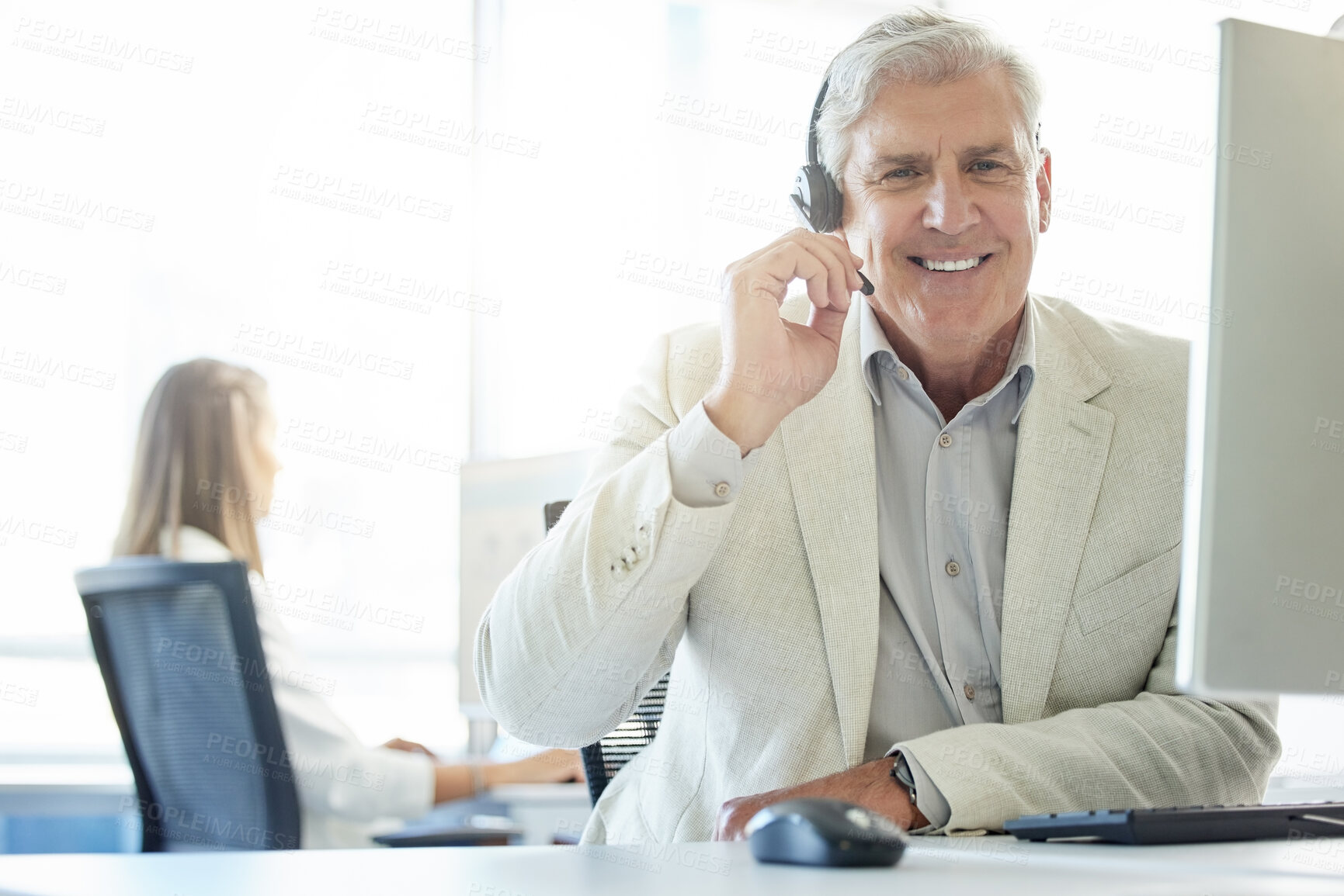 Buy stock photo Mature man, talking and call center with customer service for communication, support or headset. Contact us, CRM and consulting agent at desk for student aid, career guidance or scholarship advice