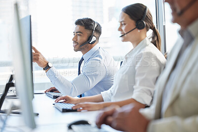 Buy stock photo Call center, man and woman with headphone, conversation and communication in workplace. Group, technology and telemarketing agent or team in office for consulting, customer service and support 