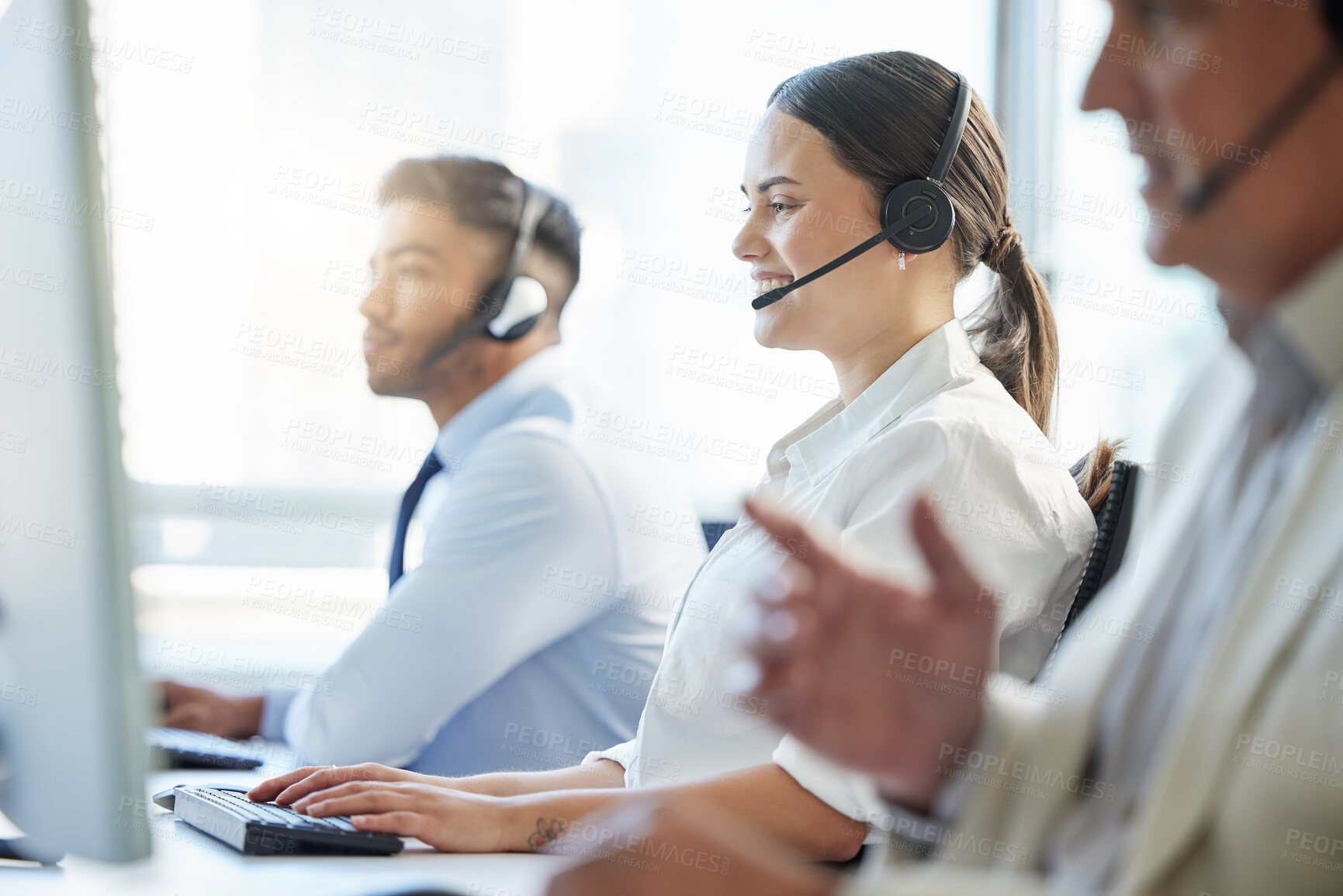 Buy stock photo Call center, woman and smile with headphone, conversation and communication in workplace. Group, technology and telemarketing agent or team in office for consulting, customer service and support 