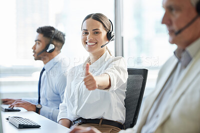 Buy stock photo Woman, portrait and happy with thumbs up in call center office with telemarketing for consulting with smile. Customer service, team and helpful crm or tech support agents in online retail company.