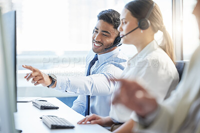 Buy stock photo Call center, teamwork and business people with headphone, conversation and communication in workplace. Group, technology and telemarketing agent in office for consulting, customer service and help 