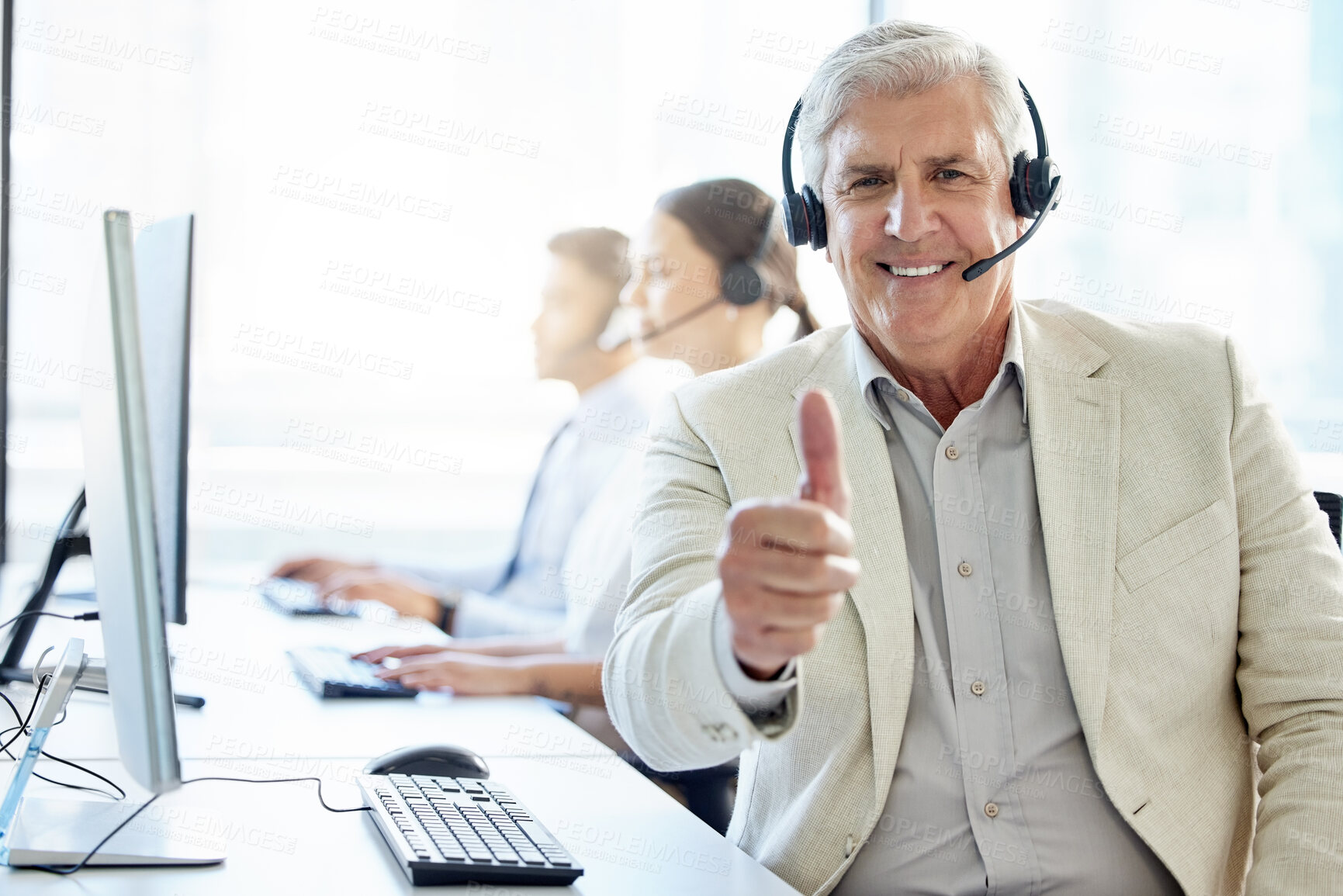 Buy stock photo Man, portrait and happy with thumbs up in call center office with consulting, telemarketing and happiness. Customer service, manager and helpful crm or tech support agent in online retail company.