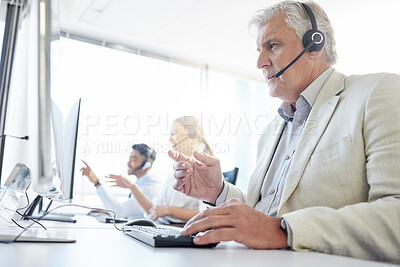 Buy stock photo Mature, businessman and headphone for conversation, consulting and communication in office. Male person, computer and telemarketing agent in workplace for talking, customer service and support 