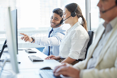 Buy stock photo Call center, support and people with headphone for conversation and communication in workplace. Man, woman and telemarketing agent with computer in office for consulting, customer service and advice 