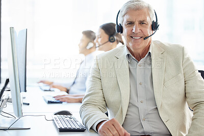 Buy stock photo Happy, portrait and mature man in call center to help in customer support to chat online on computer. Advisor, consultant and contact us in telemarketing phone call for solution and virtual service