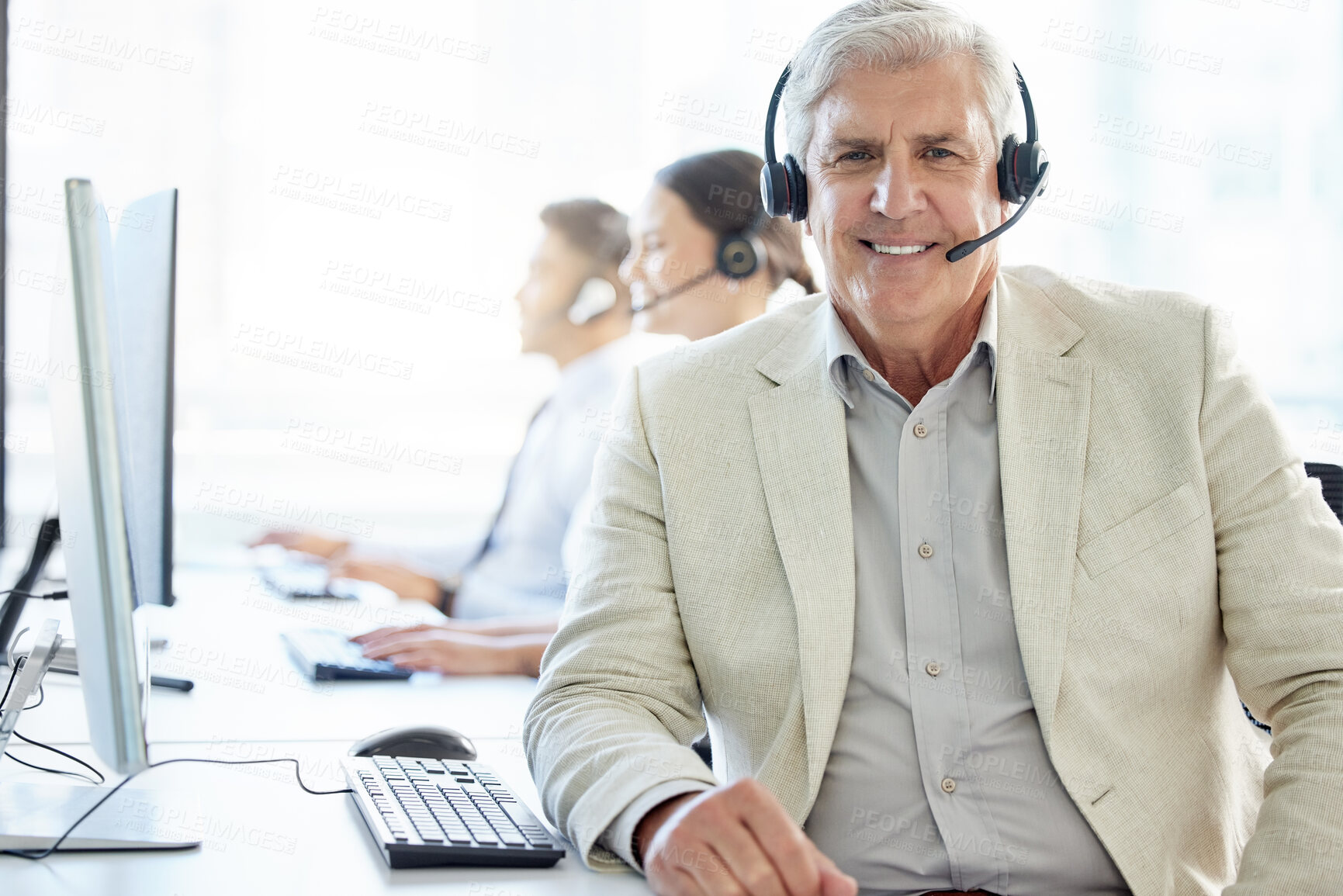 Buy stock photo Happy, portrait and mature man in call center to help in customer support to chat online on computer. Advisor, consultant and contact us in telemarketing phone call for solution and virtual service