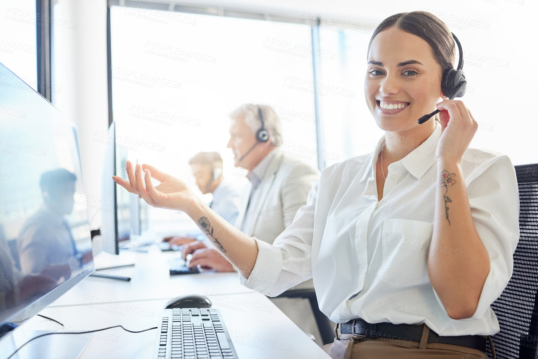 Buy stock photo Happy, headset and woman in call center office with telemarketing, consulting and help with smile. Conversation, customer service and helpful crm or tech support agent in online retail company.