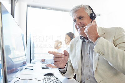 Buy stock photo Man, headset and speaking in call center office with businesspeople or team for consulting or help. Customer service, telemarketing and helpful crm or tech support agent in online retail company.