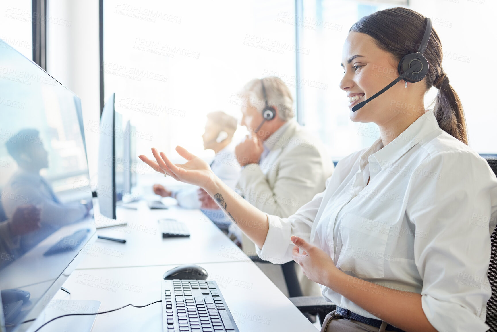 Buy stock photo Woman, talking and call center with customer service for communication, support or headset. Contact us, CRM and agent with computer at desk for student aid, career guidance or scholarship advice