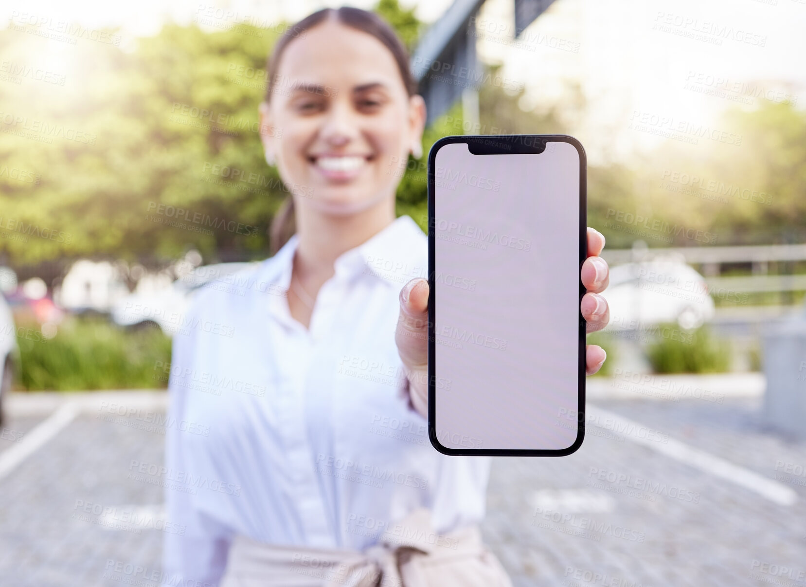 Buy stock photo Mock up, happy woman and smartphone on hand for  portrait for online alert, notification or communication technology. Advertising, internet and app marketing American girl with mobile phone outside