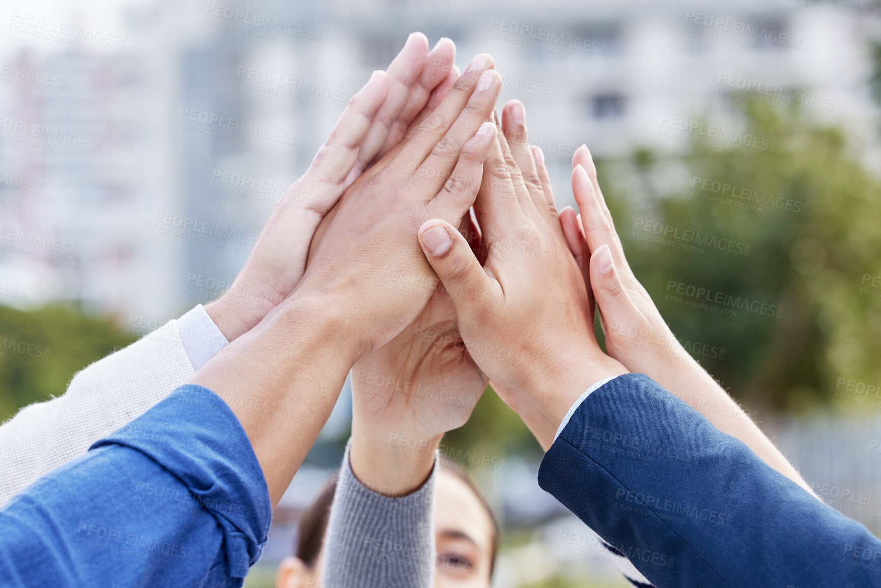 Buy stock photo Corporate, business people and hands with high five in city for team building, support and collaboration. Employees, meeting and success with celebration for partnership, deal or motivation in Sydney