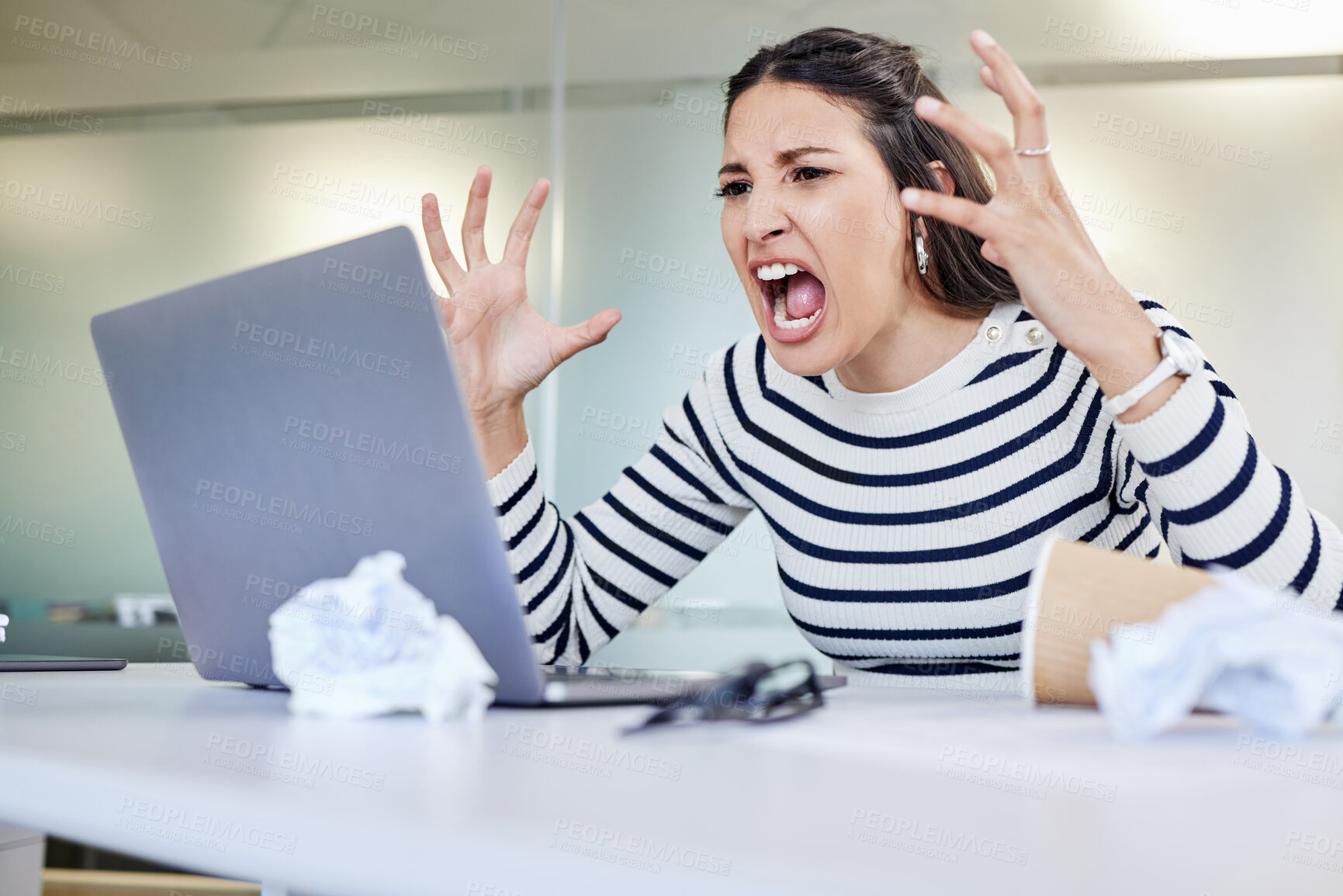 Buy stock photo Angry, woman and screaming at computer frustrated with stress from online, glitch, mistake or problem. Shouting, person or anger for error, email and laptop connection fail or delete work on accident