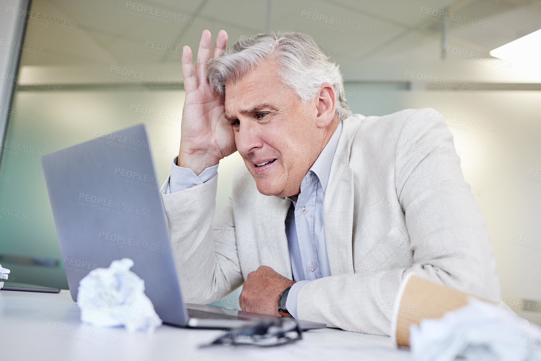 Buy stock photo Mature, man and scared with stress on computer from online glitch, mistake or problem on internet. Delete, accident or businessman reading review on laptop and anxiety from taxes, debt or accounting