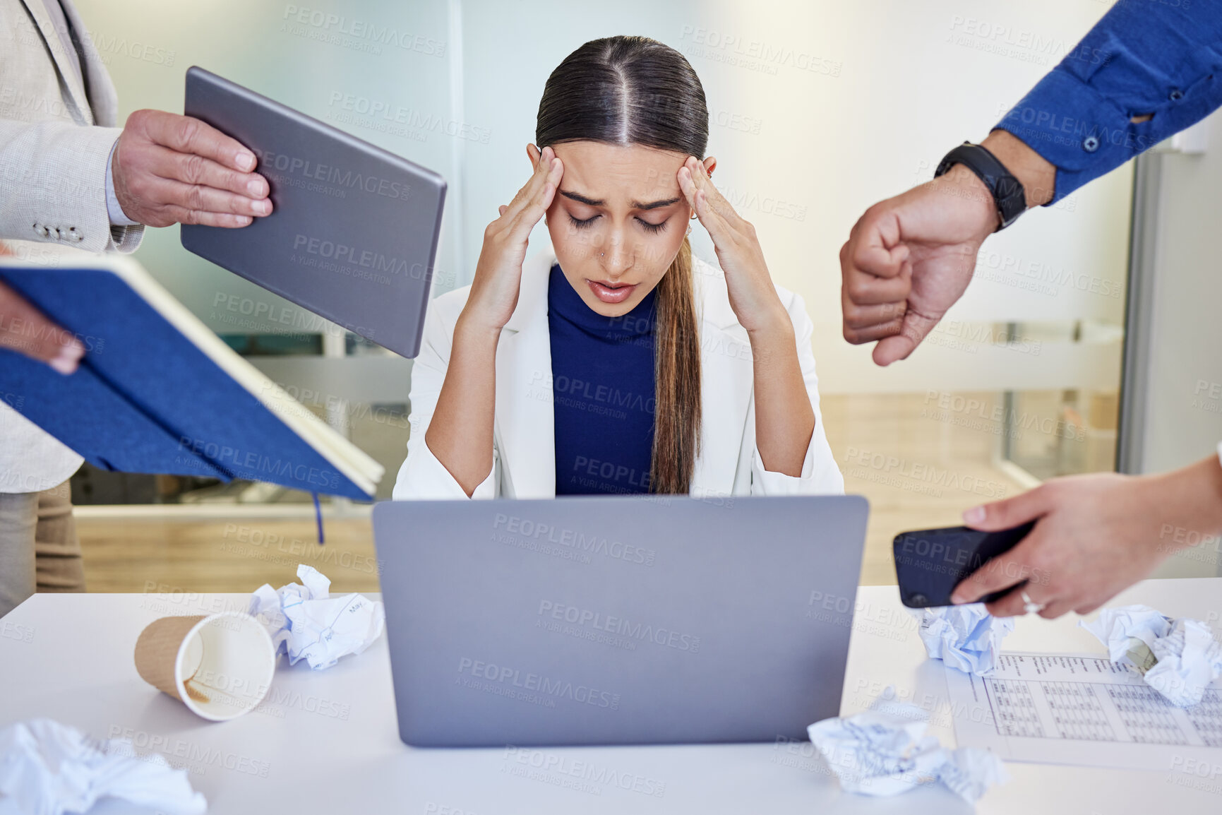 Buy stock photo Businesswoman, office and multitasking with stress or working with laptop, burnout and overwhelmed at job. Female person, company or colleagues with report, chaos with headache and poor mental health