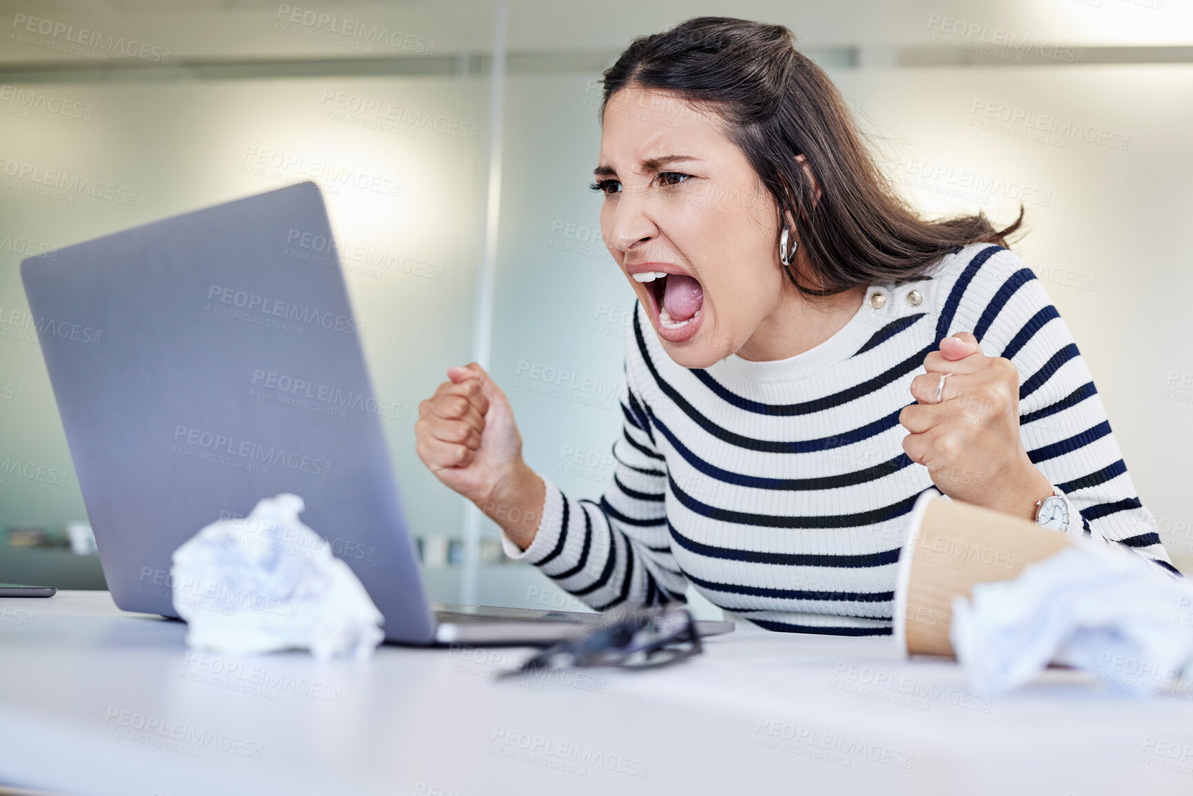 Buy stock photo Angry, woman and screaming at computer frustrated with stress from online glitch, mistake or problem. Shouting, person or anger for error, email and laptop connection fail or delete work on accident