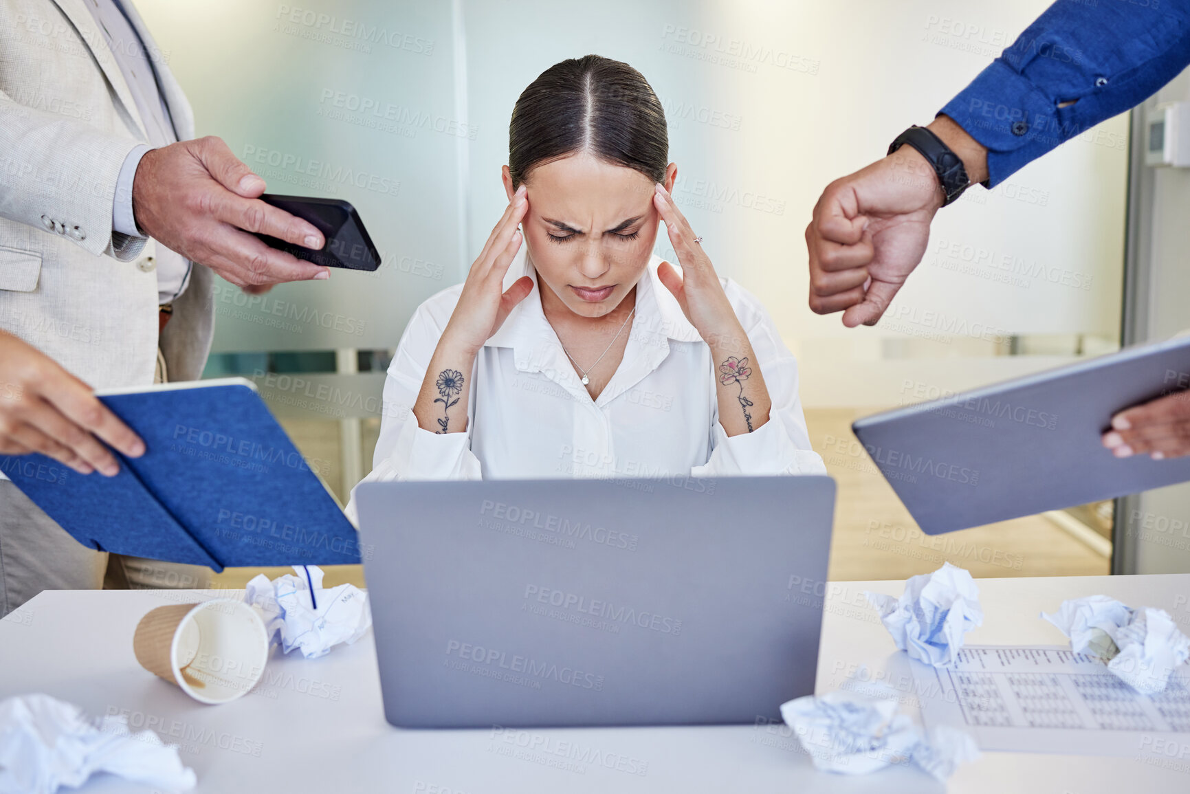 Buy stock photo Businesswoman, office and overwhelmed with stress or working with laptop, burnout and multitasking at job. Female person, company or colleagues with report, chaos with headache and poor mental health