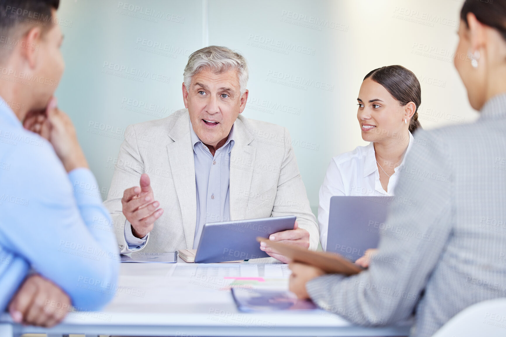 Buy stock photo Business meeting, tablet and people in office with teamwork, collaboration or work for partnership. Conference, tech and corporate investment idea for digital transformation, merger and market growth