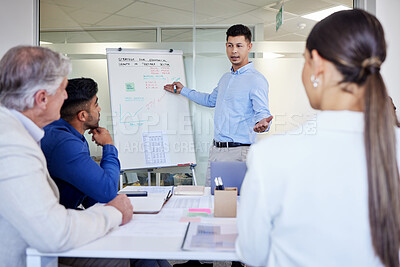 Buy stock photo Presentation, business man and whiteboard for team discussion, training or brainstorming in meeting. Board, leader or planning finance strategy, data or economist coaching on graph in conference room