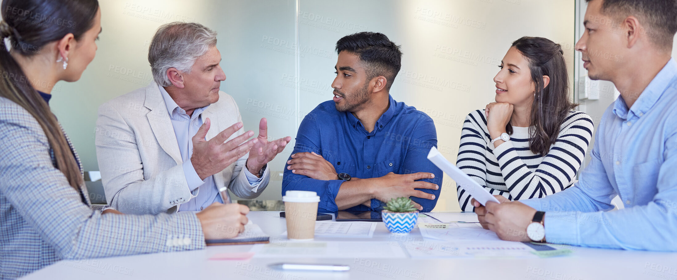 Buy stock photo Business meeting, tablet and people in office with teamwork, collaboration or partnership for work. Executive, advice and corporate investment idea for digital transformation, merger or market growth