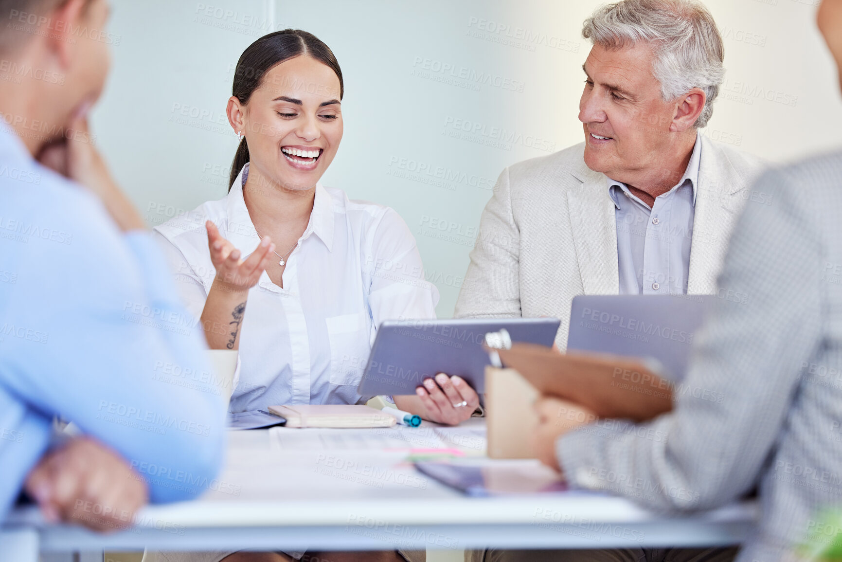 Buy stock photo Business meeting, tablet and people in office with teamwork, partnership or collaboration for work. Conference, tech and corporate investment idea for digital transformation, merger and market growth