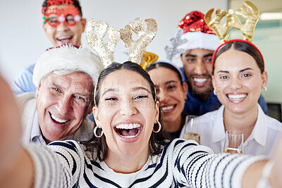 Buy stock photo Selfie, Christmas and portrait of happy business people in office for party, holiday celebration and event. Company, festive and excited men and women take picture for social media, update and memory